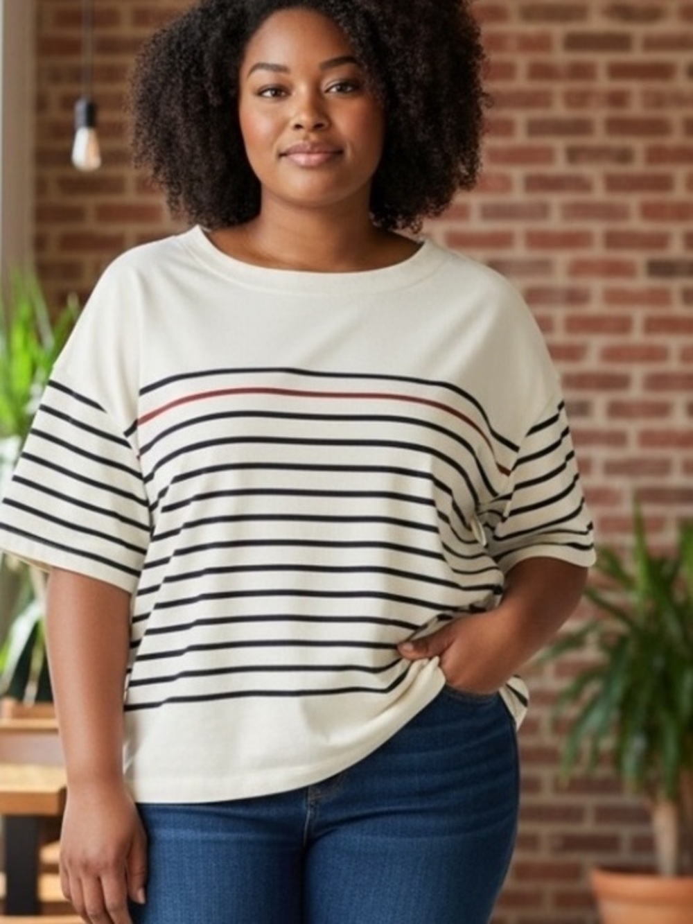 LL Bean Signature boxy  Women's Top in cream with stripes in size xlg